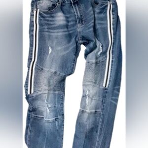 Men's Distressed Blue Skinny Jeans with Stripes